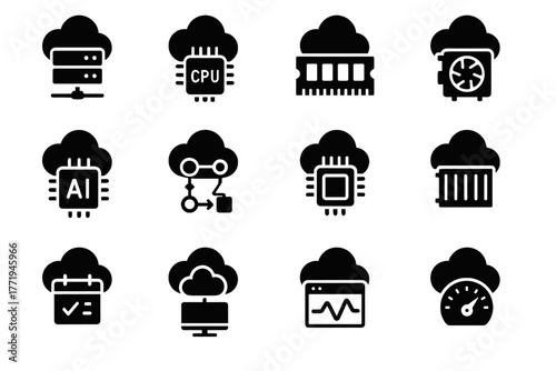 Processing icons cloud system server chip icon computing monitor module vector unit