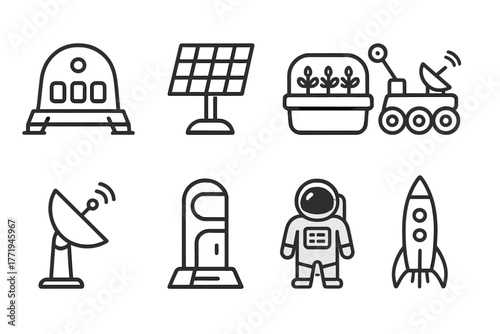 Cosmic Settlement Icons. Line style icons of Cosmic Settlement: Habitat Module, Solar Panel, Hydroponics Bay, Rover, Communication