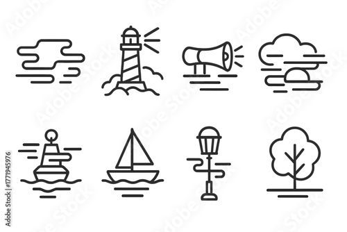 Line Style Fog Icons. Line style icons of Fog: Dense Mist, Lighthouse, Foghorn, Hidden Object, Buoy, Sailboat, Street Lamp, Tree