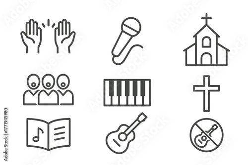 Praise & Worship Icons. Line style icons of Praise & Worship: Raised Hands, Microphone, Choir, Church, Piano, Cross, Hymn Book,