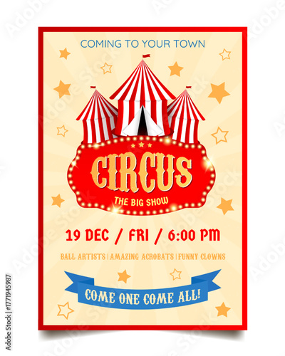 Vintage Circus Poster Flyer Template. Red and White Tents