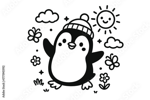 Playful Penguin Coloring. A cute penguin in a playful scene with friendly details, black and white line art, children’s coloring