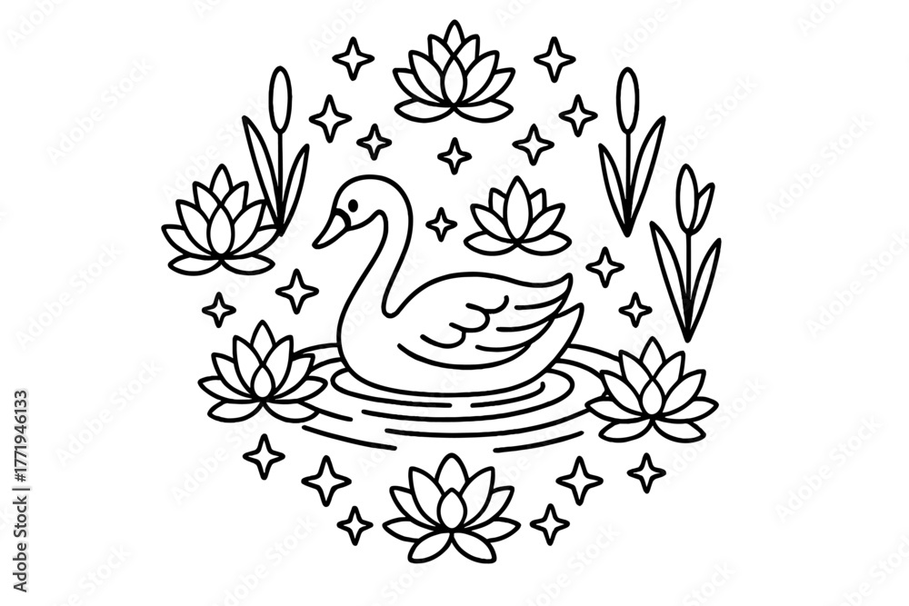 Fototapeta premium Swan Mandala Coloring Page. Swan in the middle with water ripples, lilies, reeds, and stars forming an elegant mandala composition
