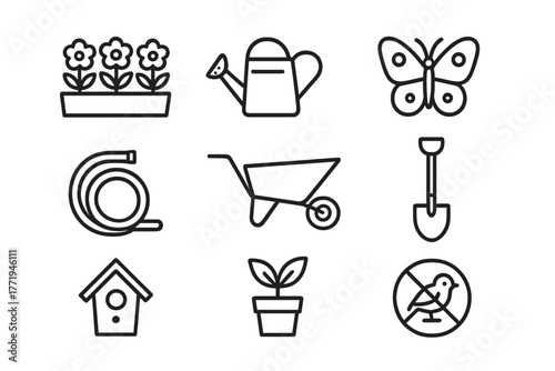Garden Line Icons. Line style icons of Garden: Flower Bed, Watering Can, Butterfly, Garden Hose, Wheelbarrow, Shovel, Birdhouse,