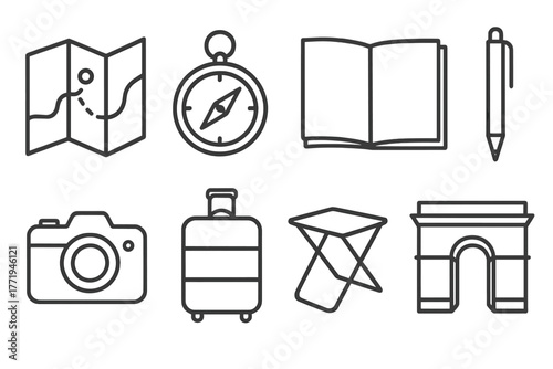 Travel Essentials Icons. Line style icons of Travel Drawing: Map, Compass, Sketchbook, Pen, Camera, Suitcase, Folding Stool,