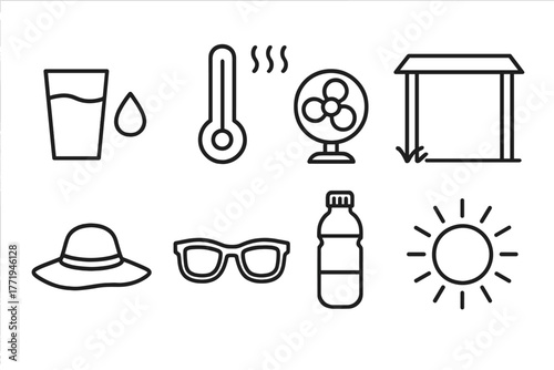 Heatwave Survival Icons. Line style icons of Heatwave Survival: Hydration, Thermometer, Fan, Shade, Sun Hat, Sunglasses, Water