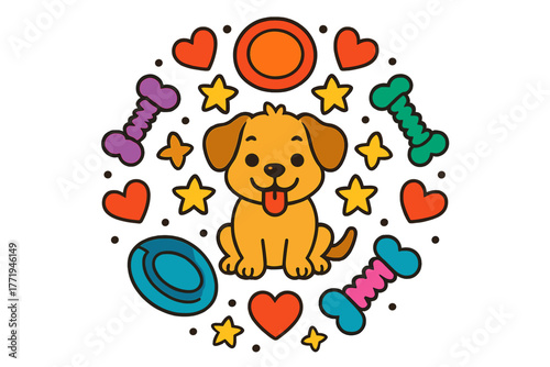 Playful Puppy Mandala. Playful puppy in the middle with frisbees, chew toys, hearts, and stars arranged in joyful mandala design,