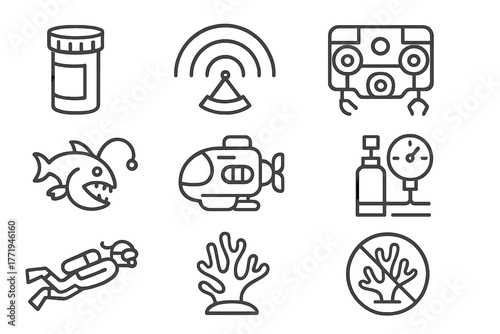 Marine Science Icons. Line style icons of Marine Science Lab: Sample Container, Sonar, ROV, Abyssal Creature, Submersible,