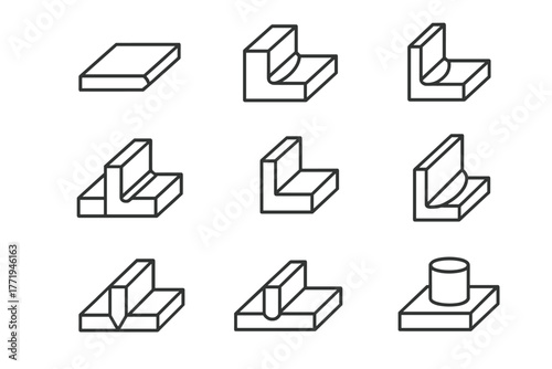 Welding Joint Icons. Line style icons of Welding joints: butt joint, lap joint, T-joint, corner joint, edge joint, fillet weld,