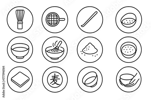 Matcha Preparation Icons. Line style round vector icons of Matcha Preparation: Bamboo Whisk, Sifting Screen, Matcha Scoop, Matcha