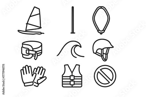 Windsurfing Gear Icons. Line style icons of Windsurfing: Sailboard, Mast, Boom, Harness, Wave, Helmet, Gloves, Life Jacket, No