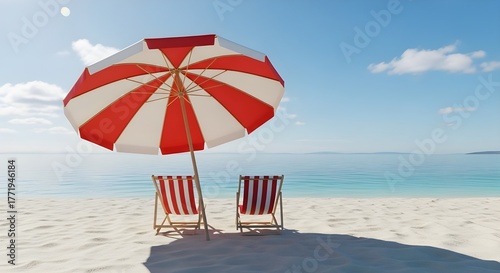 Two red and white striped beach chairs under a matching umbrella on a white sand beach with a clear blue sky and ocean in the background