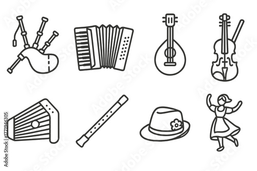 European Folk Music Icons. Line style icons of European Folk Music: Bagpipes, Accordion, Mandolin, Violin, Zither, Flute, Folk Hat