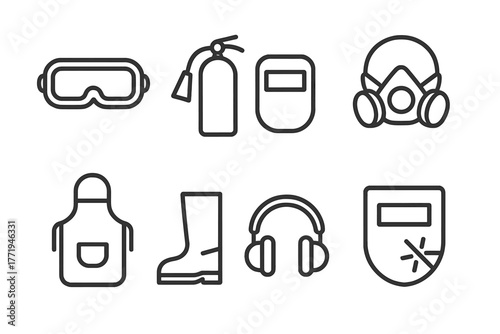 Welding Safety Icons. Line style icons of Welding safety: goggles, fire extinguisher, helmet, respirator, apron, steel boots, ear