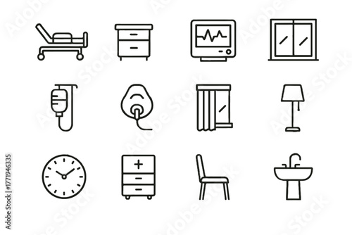 Table vector room heart curtain bedside chair lamp monitor icons medical icon
