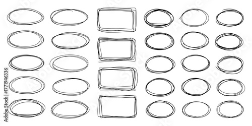 Big set of hand drawn doodle frames and highlight shapes. Collection of rectangular and oval boxes for notes, reminders and text emphasis. Vector ink and marker sketches in minimal style.