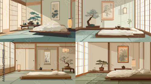 Traditional Japanese bedroom interior with tatami flooring, futon bed, and bonsai decor. Ideal for architecture, home design, and minimalist lifestyle projects.