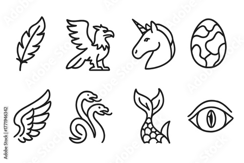 Legendary Beasts Icons. Line style icons of Legendary Beasts: Phoenix Feather, Griffin, Unicorn, Dragon Egg, Pegasus Wing, Hydra