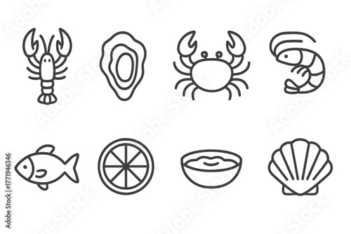 Seafood Icon Collection. Line style icons of Seafood Restaurant: Lobster, Oyster, Crab, Shrimp, Fish, Lemon Slice, Sauce Bowl,