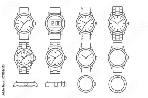 Line Art Watches. Line style icons of wristwatches in round shape: analog watch, digital display, leather strap, metal bracelet;