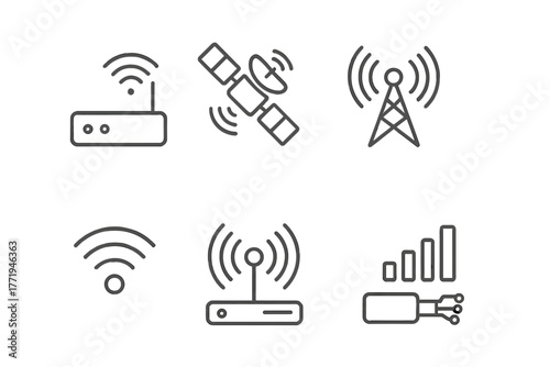 Wireless Technology Icons. Line style icons of Wireless technology: wifi router, satellite, antenna tower, signal bars, hotspot,