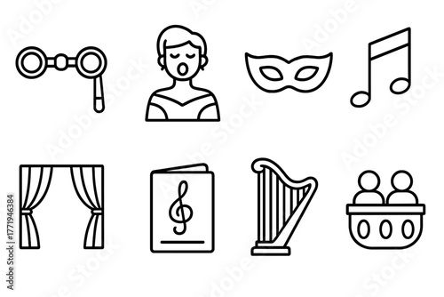 Opera Icon Line Art. Line style icons of Opera: Opera Glasses, Singer, Mask, Music Note, Curtain, Program, Harp, Balcony, No text,
