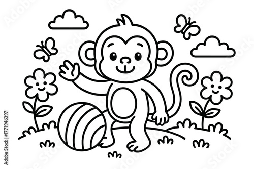Playful Monkey Coloring. A cute monkey in a playful scene with friendly details, black and white line art, children’s coloring