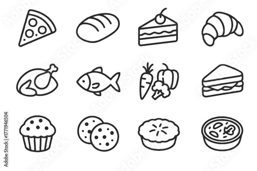 Chicken muffin grid quiche food pie fish pizza pastry icon cookies vector