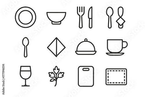 Icon set placemat knife food serving cup glass cutting tray icons vector