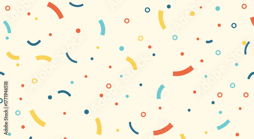 A whimsical pattern of colorful confetti and curved shapes on a cream background.