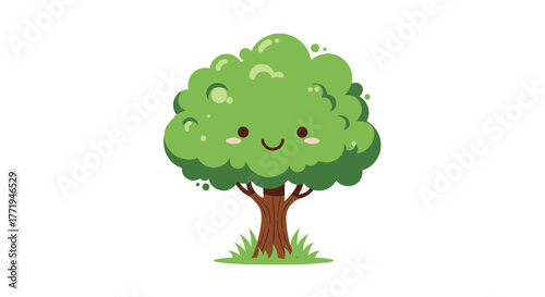 A cute, cartoon tree with a happy face and blushing cheeks smiles warmly.