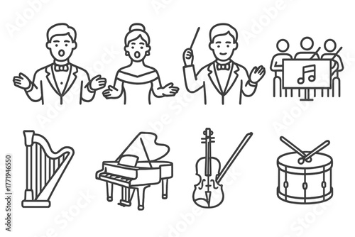 Opera Line Icons. Line style icons of Opera Performance: Tenor, Soprano, Conductor, Orchestra, Harp, Piano, Violin, Drum, No text,