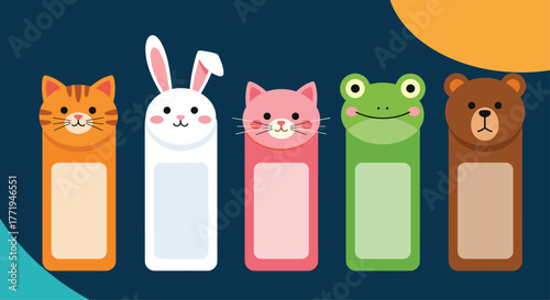 A collection of cute animal-themed bookmarks including a cat, bunny, frog, and bear.