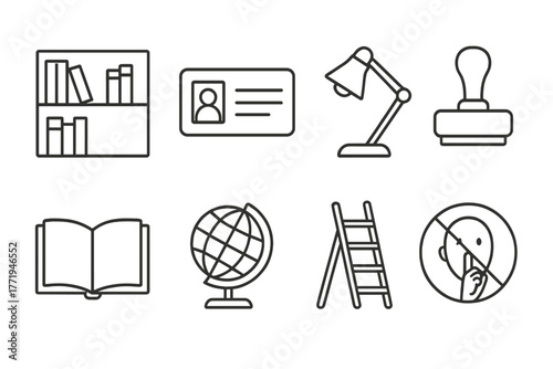 Library Icon Set. Line style icons of Library: Bookshelf, Library Card, Reading Lamp, Due Date Stamp, Open Book, Globe, Ladder,