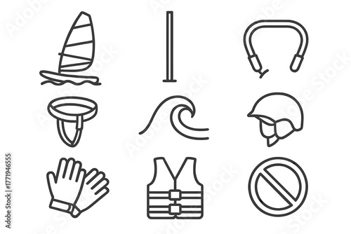 Windsurfing Gear Icons. Line style icons of Windsurfing: Sailboard, Mast, Boom, Harness, Wave, Helmet, Gloves, Life Jacket, No