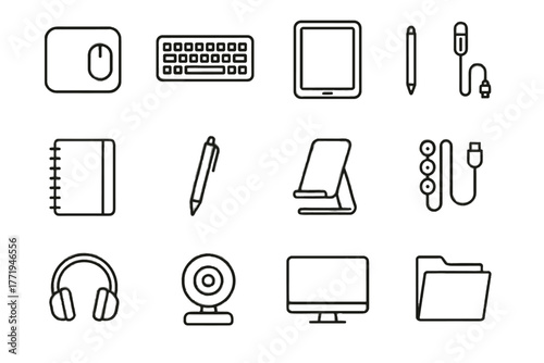 Keyboard stand organizer icon monitor stylus vector digital webcam notebook cable workspace