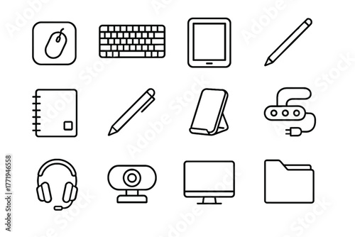 Webcam document cable headset pen vector phone digital stylus workspace icon folder
