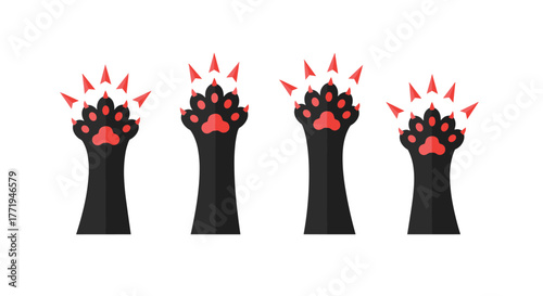Stylized black cat paws with sharp red claws extended upwards against a white background.