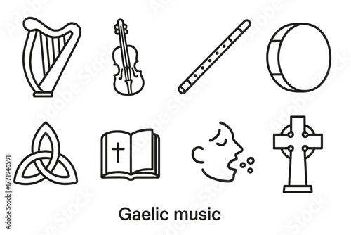 Gaelic Music Iconography. Line style icons of Gaelic Music: Harp, Fiddle, Flute, Drum, Celtic Knot, Ancient Book, Singing Face,