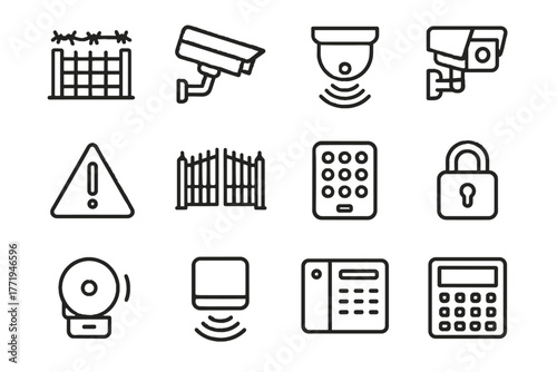 Icons control padlock outdoor sign alarm security intercom perimeter detector vector camera