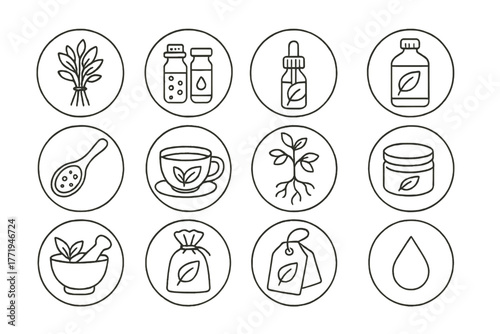Herbal Medicine Icons. Line style round vector icons of Herbal Medicine: Dried Herbs, Glass Vials, Leaf Extract, Tincture Bottle;