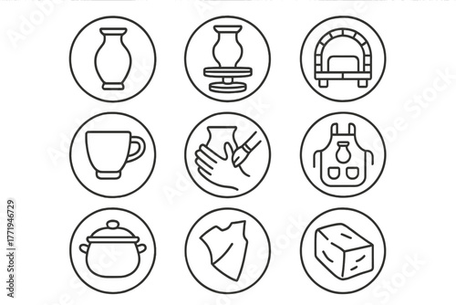Pottery Craft Icons. Line style circular vector icons of Pottery: Clay Vase, Pottery Wheel, Kiln, Sculpting Tools; Ceramic Cup,