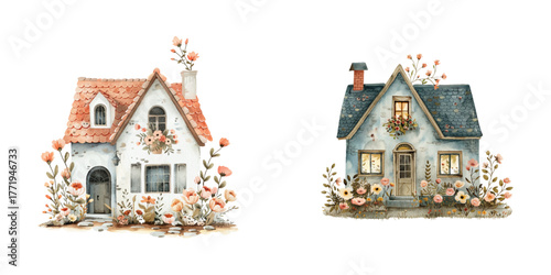 cute floral house watercolor vector illustration