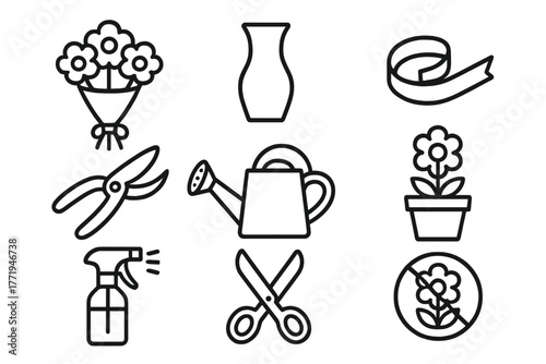 Florist Basics Icons. Line style icons of Florist basics: bouquet, vase, ribbon, pruning shears, watering can, flower pot, spray
