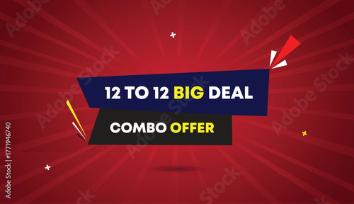 12 to 12 combo offer big deal web banner vector art template design abstract business background badge label icon deep blue black gray shapes deep yellow white bold text dark red sun shine light deal