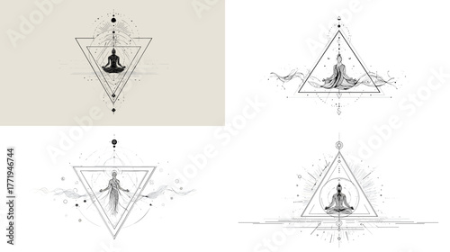 Sacred geometry line art with meditating figure inside a triangle symbolizing peace, energy, and mindfulness. Perfect for yoga, wellness, and spirituality design.