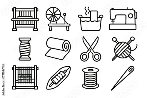 Vector icon frame roll bobbin icons machine loom production textile knitting dye