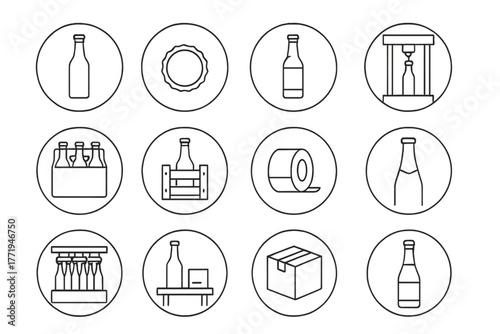 Bottling Line Icons. Line style icons of bottling and packaging in round shape: beer bottle, crown cap, labeled bottle, bottling