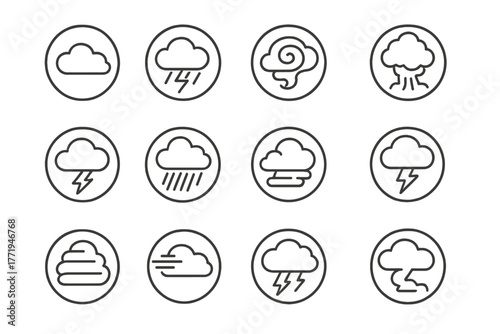 Storm Cloud Icons. Line style icons of storm clouds in round shape: dark cloud, rain and thunder cloud, swirling storm,