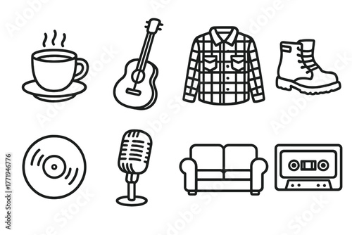 Grunge Lifestyle Icons. Line style icons of Grunge Lifestyle: Coffee Cup, Guitar, Flannel Shirt, Boots, Vinyl Record, Microphone,